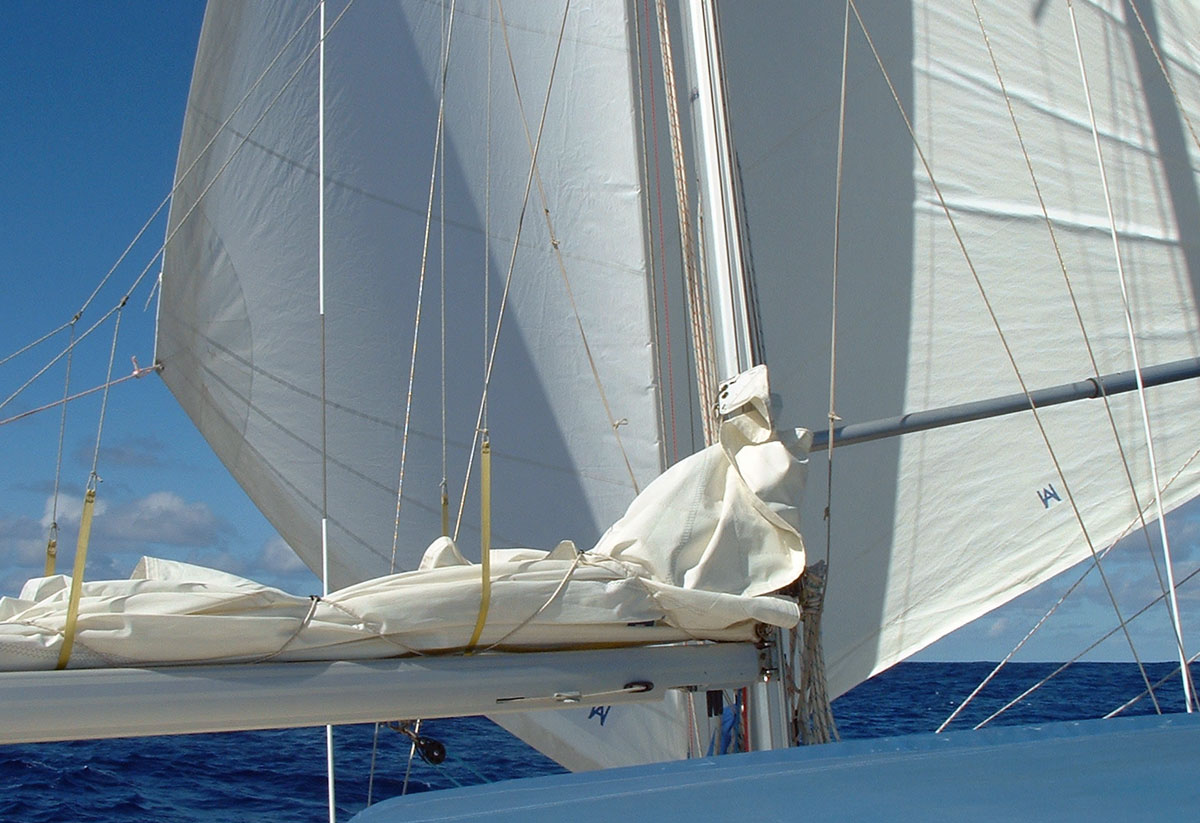 Twin headsails set on a tradewind passage