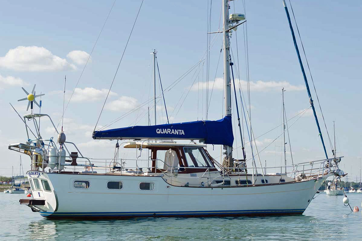 A Victory 41 motorsailer at anchor