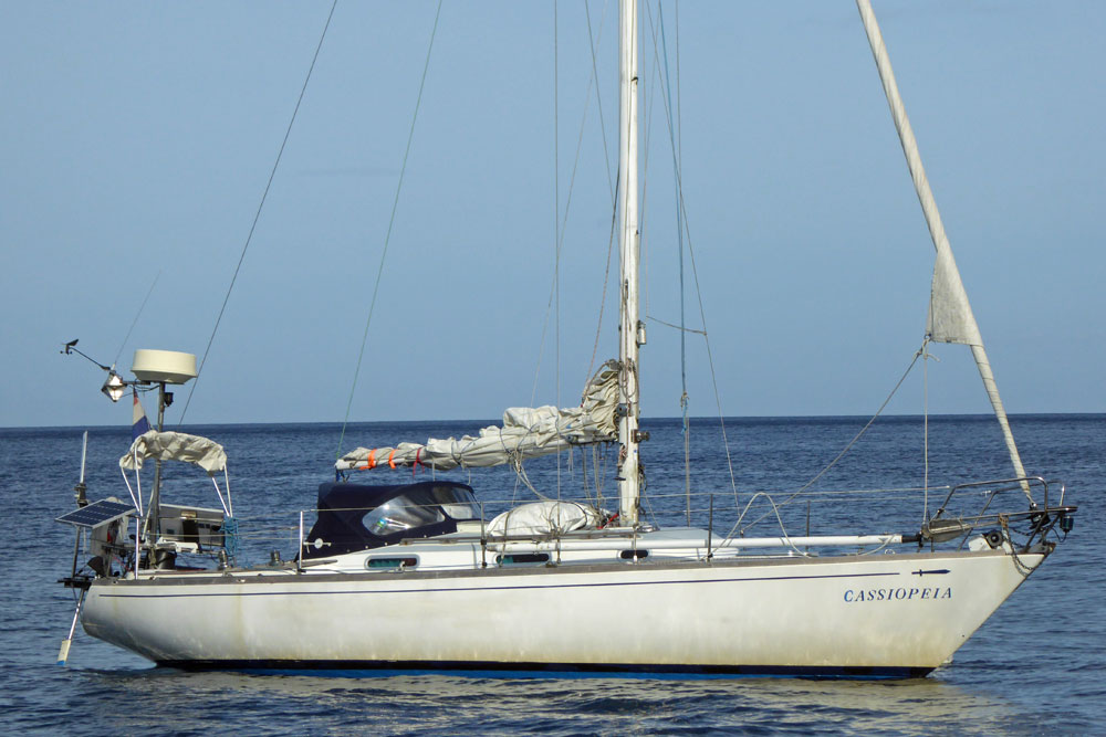<i>'Cassiopeia'</i>, a Wauquiez Gladiateur sailboat at anchor