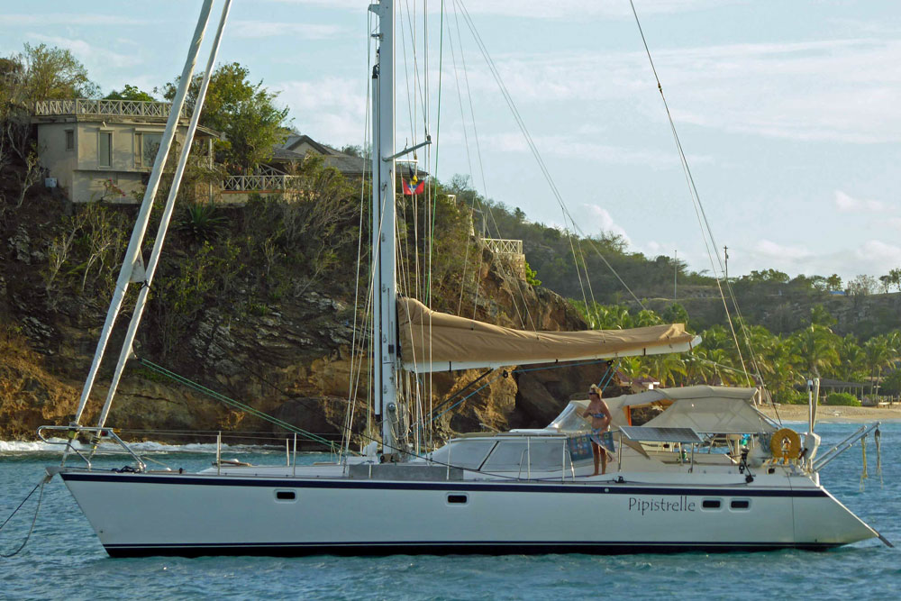 'Pipistrelle', a Wauquiez 48 Pilot House Cruising Yacht at anchor in Deep Bay, Antigua, West Indies.