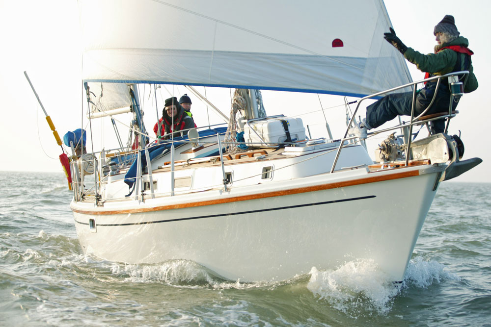 'Weohgi', a ketch-rigged Westerly Conway 36, winter-sailing off the south coast of England.