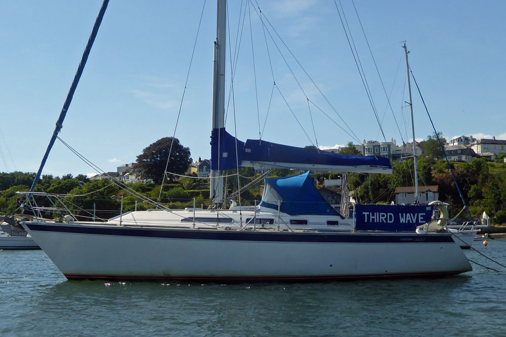 Westerly Kestrel 35 sailboat on a fore-and-aft mooring