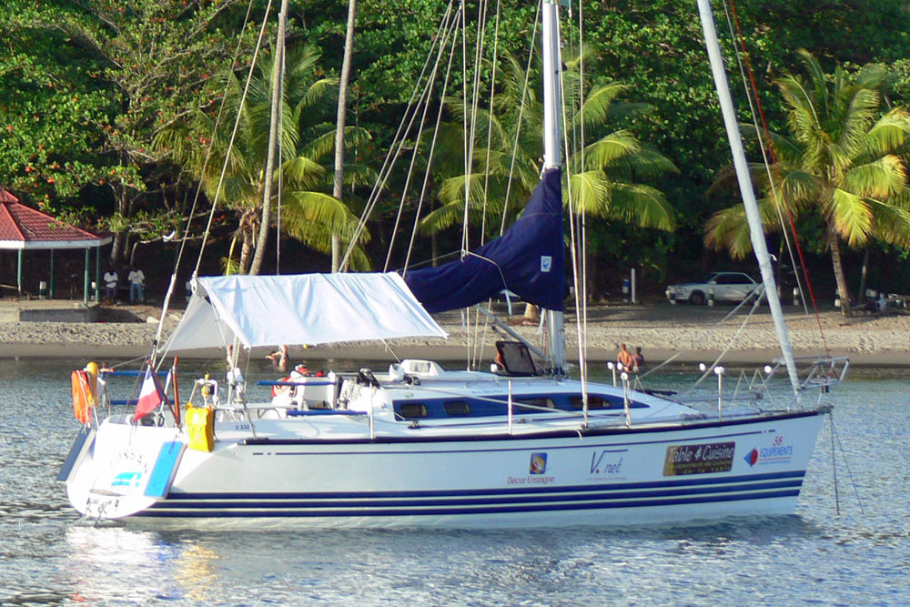 A light-displacement X-332 sailboat at anchor off Portsmouth, Dominica in the West Indies