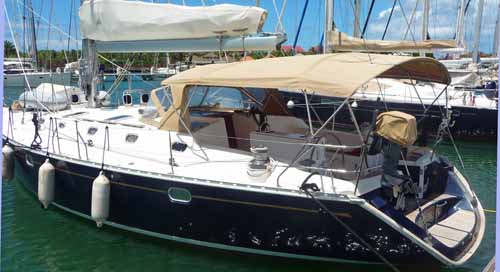 A full size boat bimini that covers the entire cockpit