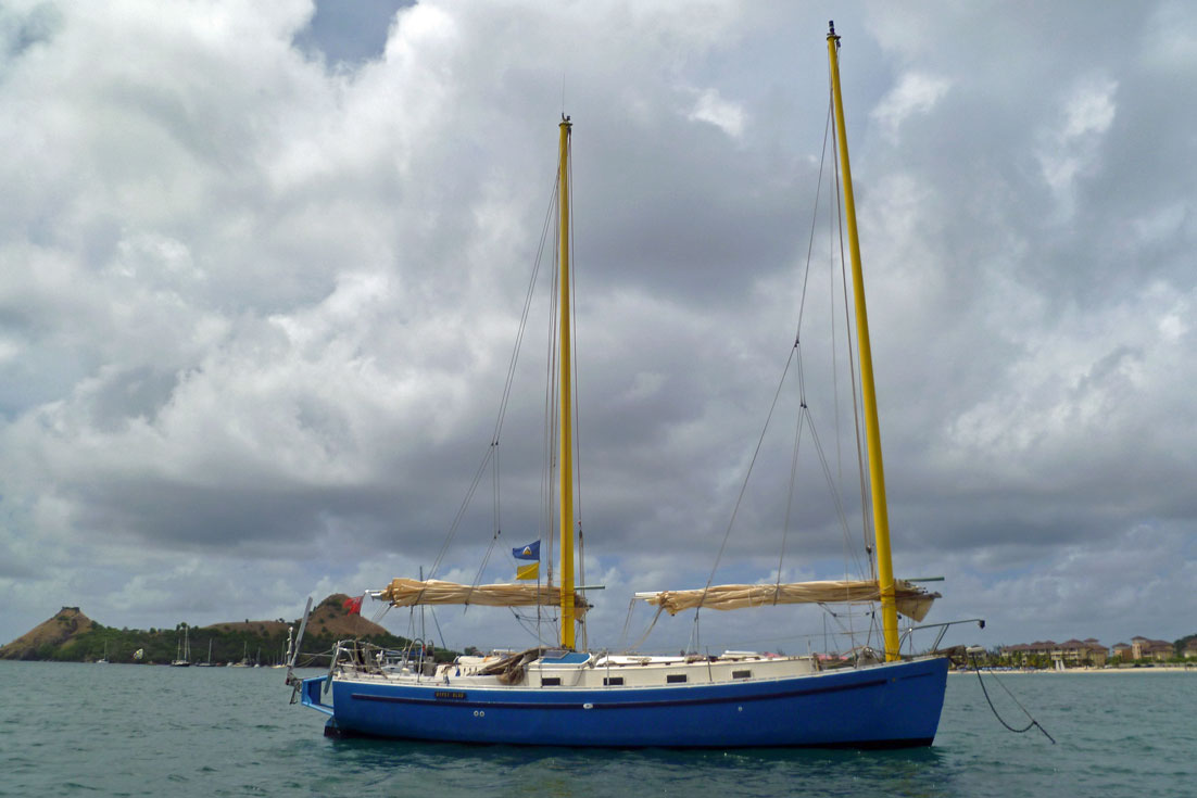 A Freedom 35 Cat-Ketch sailboat
