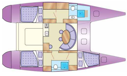 Sketch showing a typical accommodation layout in a cruising catamaran of around 40 feet (12m) on deck.