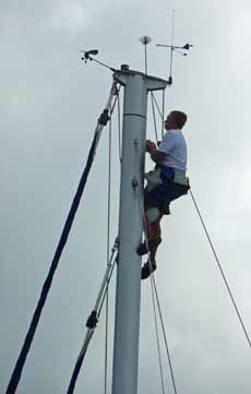 Inspecting the equipment at the masthead using a bosuns chair.