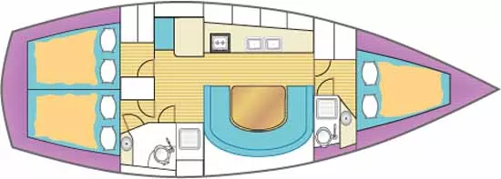 Sketch showing the interior accommodation layout in a cruising sailboat
