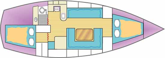 Sketch showing a typical accommodation layout in a cruising monohull of around 40 feet (12m) on deck.