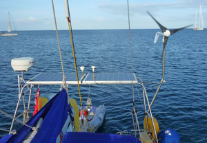 boat solar panels and windcharger on Alacazam's stainless steelgantry