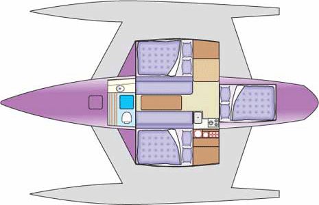 The accommodation in a trimaran is no more than in a monohull of similar length - much less than in a catamaran